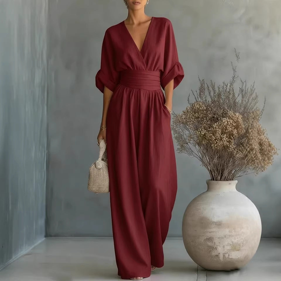 Summer Short-sleeved Jumpsuit Fashion Casual V-Neck Wide-Leg Pants Womens Clothing 