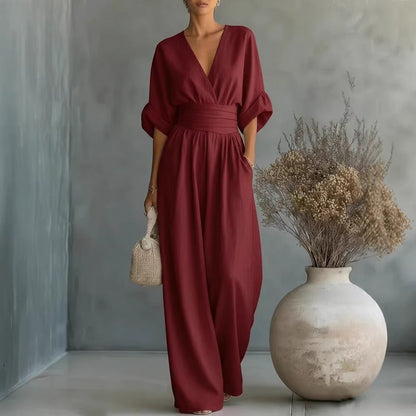 Summer Short-sleeved Jumpsuit Fashion Casual V-Neck Wide-Leg Pants Womens Clothing 