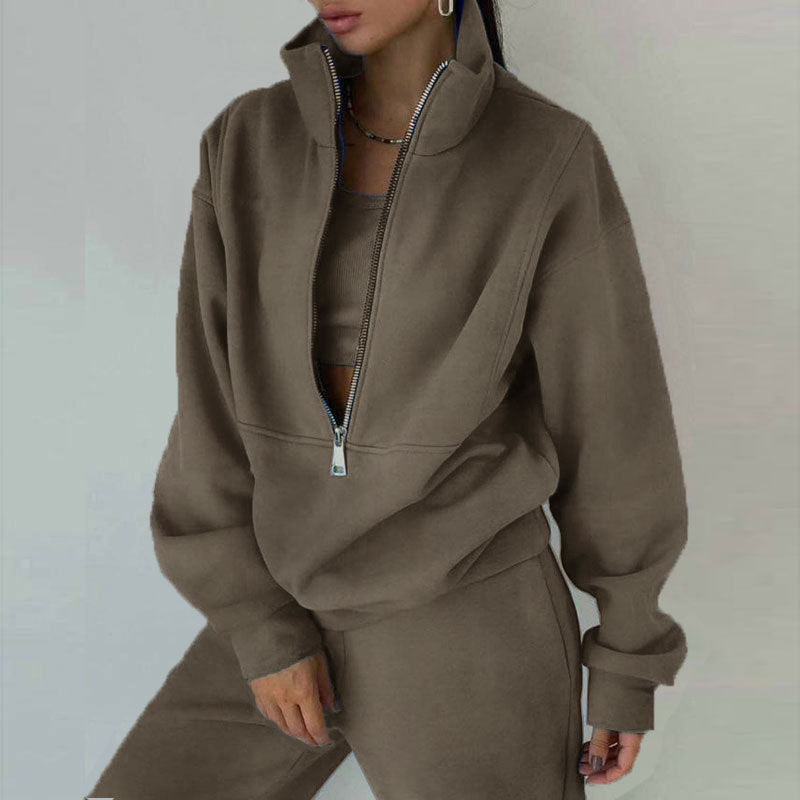 Women's 2-Piece Zip Neck Long Sleeve Sweatshirt & Slim Fit Pants Set - Sporty Streetwear Outfit For Fall&Winter CJ US