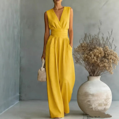 Women's Elegant V-Neck Sleeveless Jumpsuit – Waist-Cinching Straight Leg