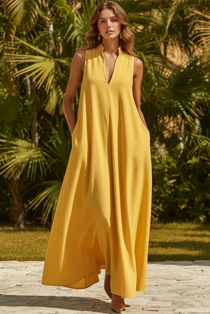 Linen Blend Sleeveless Stand-Collar Maxi Dress – 5 Colors S–3XL