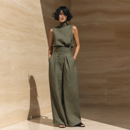 Womens Cotton-Linen Blend Sleeveless Top And Wide-Leg Pants Set 