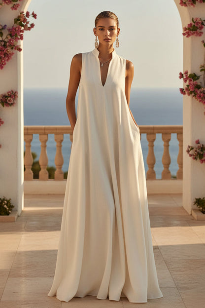 Linen Blend Sleeveless Stand-Collar Maxi Dress – 5 Colors S–3XL
