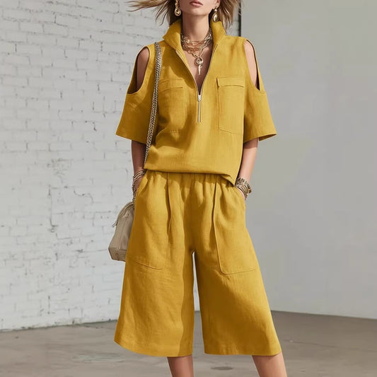 Womens Short-Sleeve Shirt And Shorts Loose Pants Two-Piece Set 