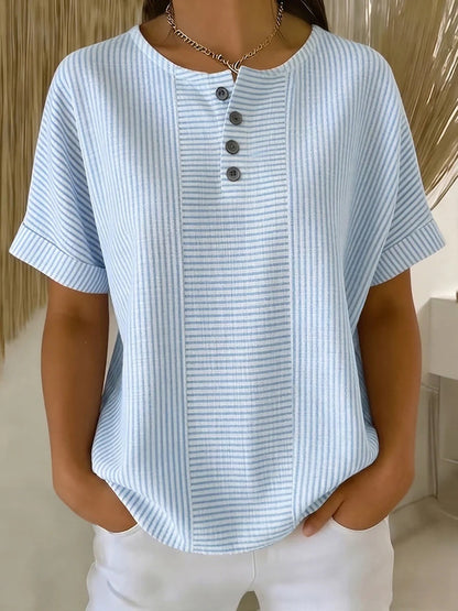 Women's Striped T-Shirt – V-Neck, Button Detail, Loose Fit