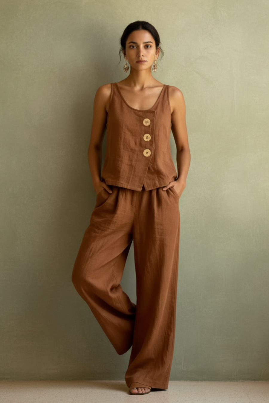 Women's Cotton Linen Sleeveless Tank Top & Pants Two-Piece Set 
