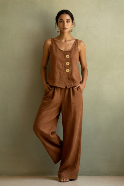 Women's Cotton Linen Sleeveless Tank Top & Pants Two-Piece Set 