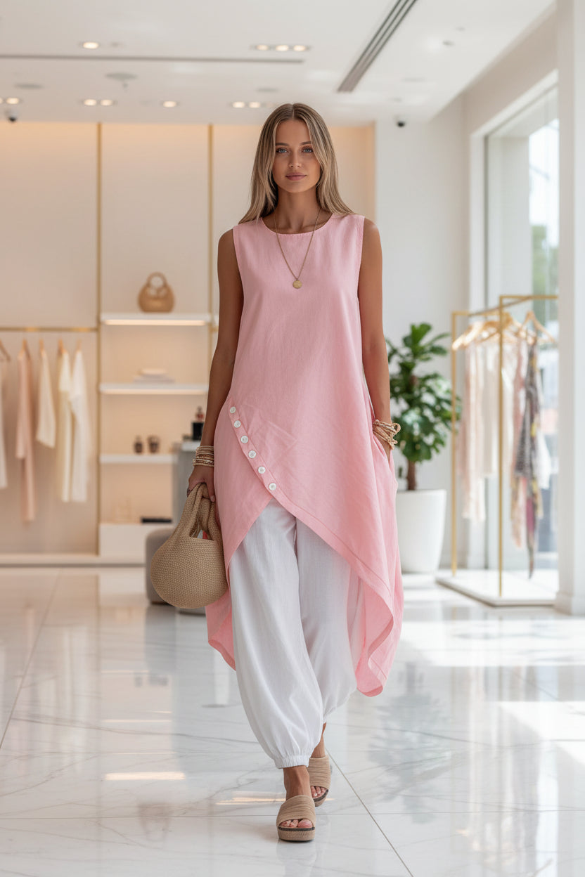 Solid-color Sleeveless Loose-fit Dress With Patch Pockets 