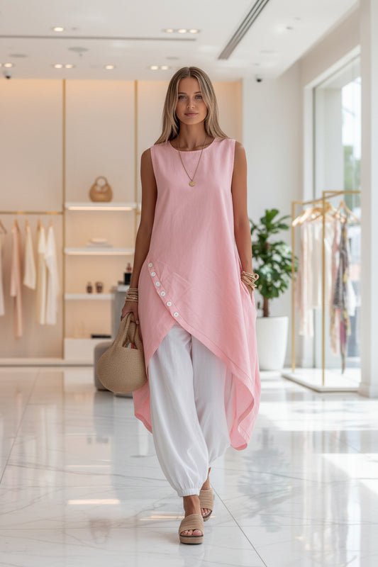 Solid-color Sleeveless Loose-fit Dress With Patch Pockets 
