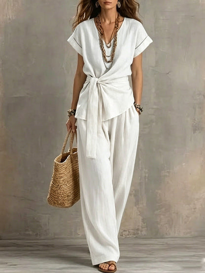 Women's V-Neck Short-Sleeve Top & Pants Two-Piece Set