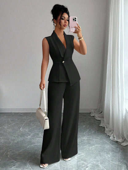 Women's Sleeveless Blazer & Straight-Leg Pants Two-Piece Set