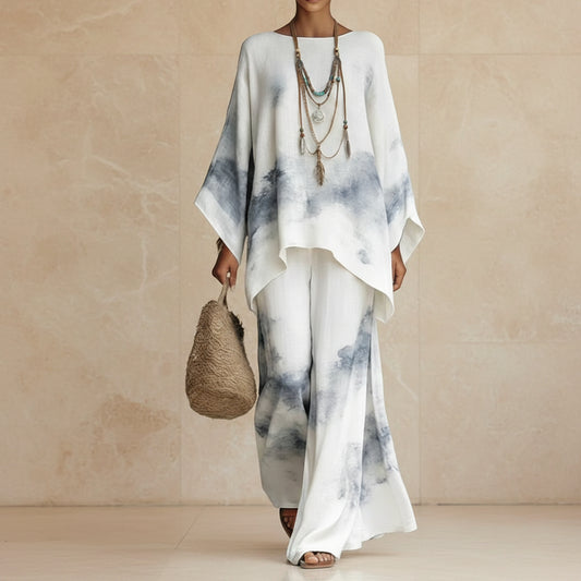 Women's Floral Print Linen Wide-Leg Two-Piece Set 