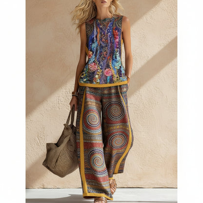 Printed Retro Casual Top Set 
