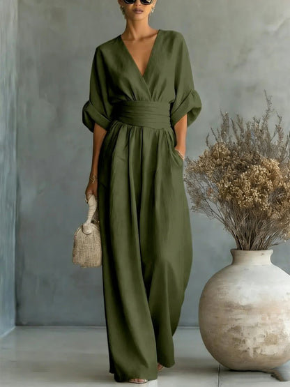 Summer Short-sleeved Jumpsuit Fashion Casual V-Neck Wide-Leg Pants Womens Clothing 