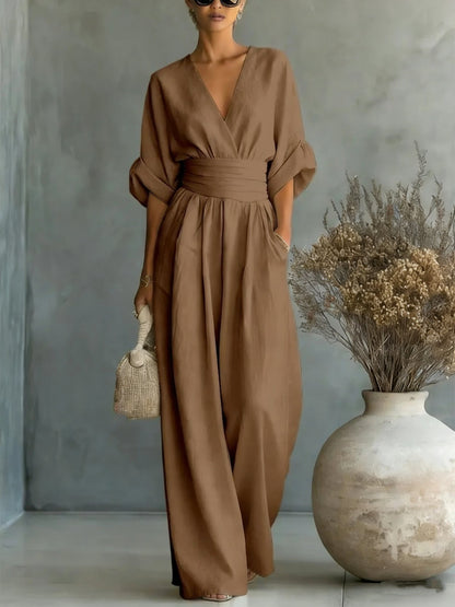 Summer Short-sleeved Jumpsuit Fashion Casual V-Neck Wide-Leg Pants Womens Clothing 