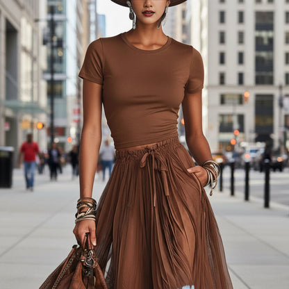 Short-Sleeve Top and Lace-Panel Midi Skirt Set