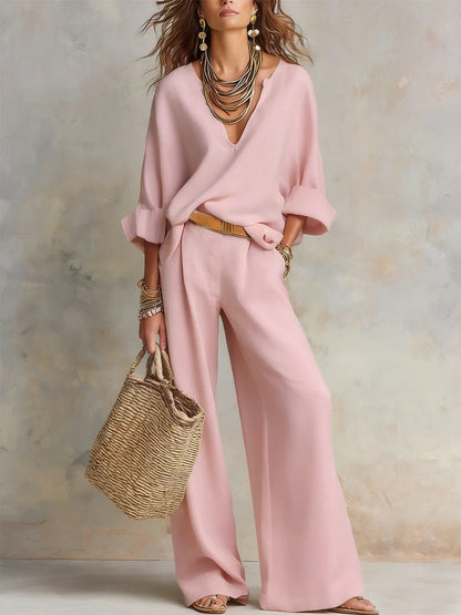 Women's Casual Linen Vacation Set – Three-Quarter Sleeve Top & Full-Length Pants
