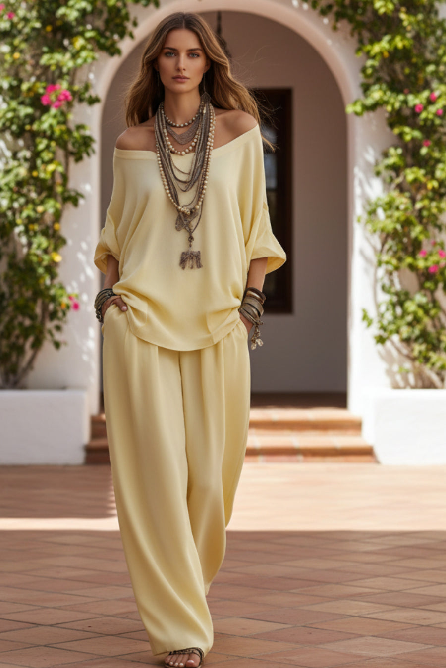 Off-Shoulder Cotton-Linen Wide-Leg Pants Set – 6 Colors, S–5XL 