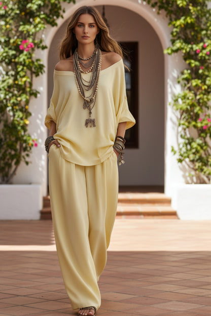 Off-Shoulder Cotton-Linen Wide-Leg Pants Set – 6 Colors, S–5XL 
