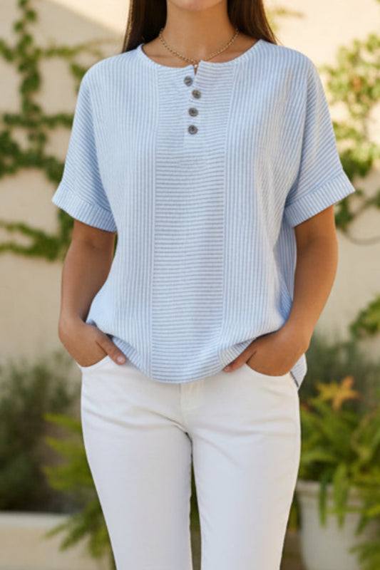 Women's Striped V-Neck Button T-Shirt
