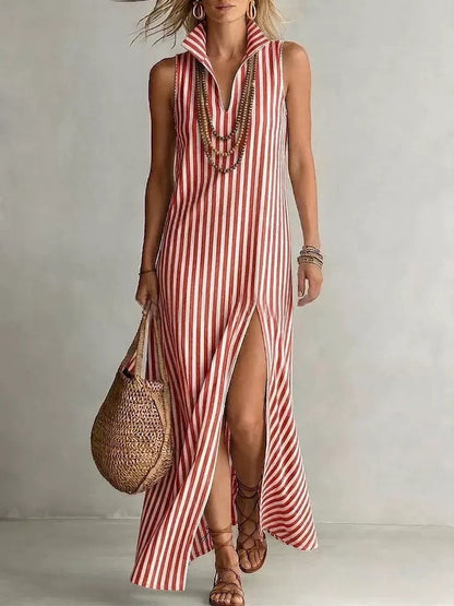 Striped Stand Collar Side-Slit Sleeveless Maxi Dress – A-Line Cami