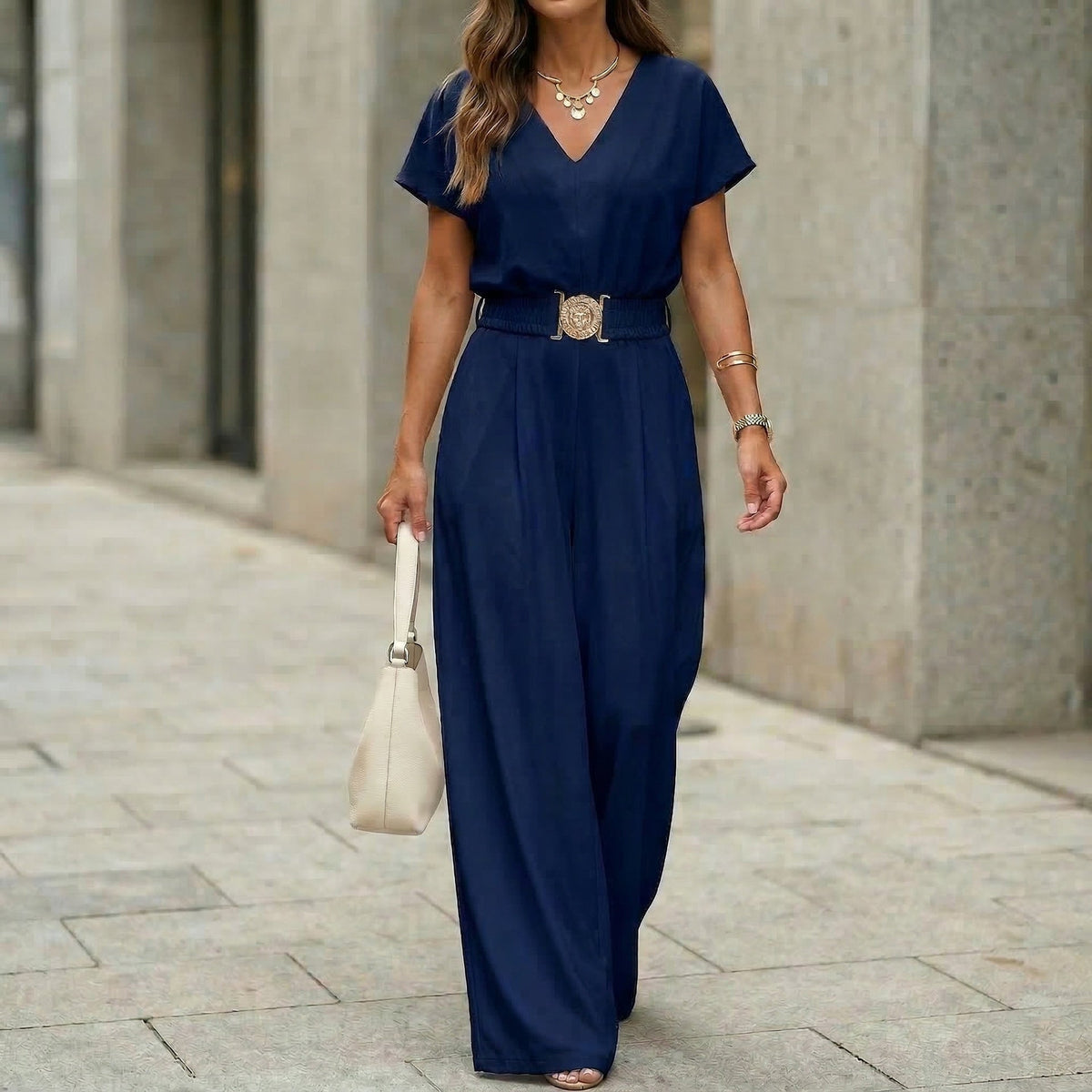Womens V-neck Solid-color Short-sleeve Long-pants Belted Jumpsuit 