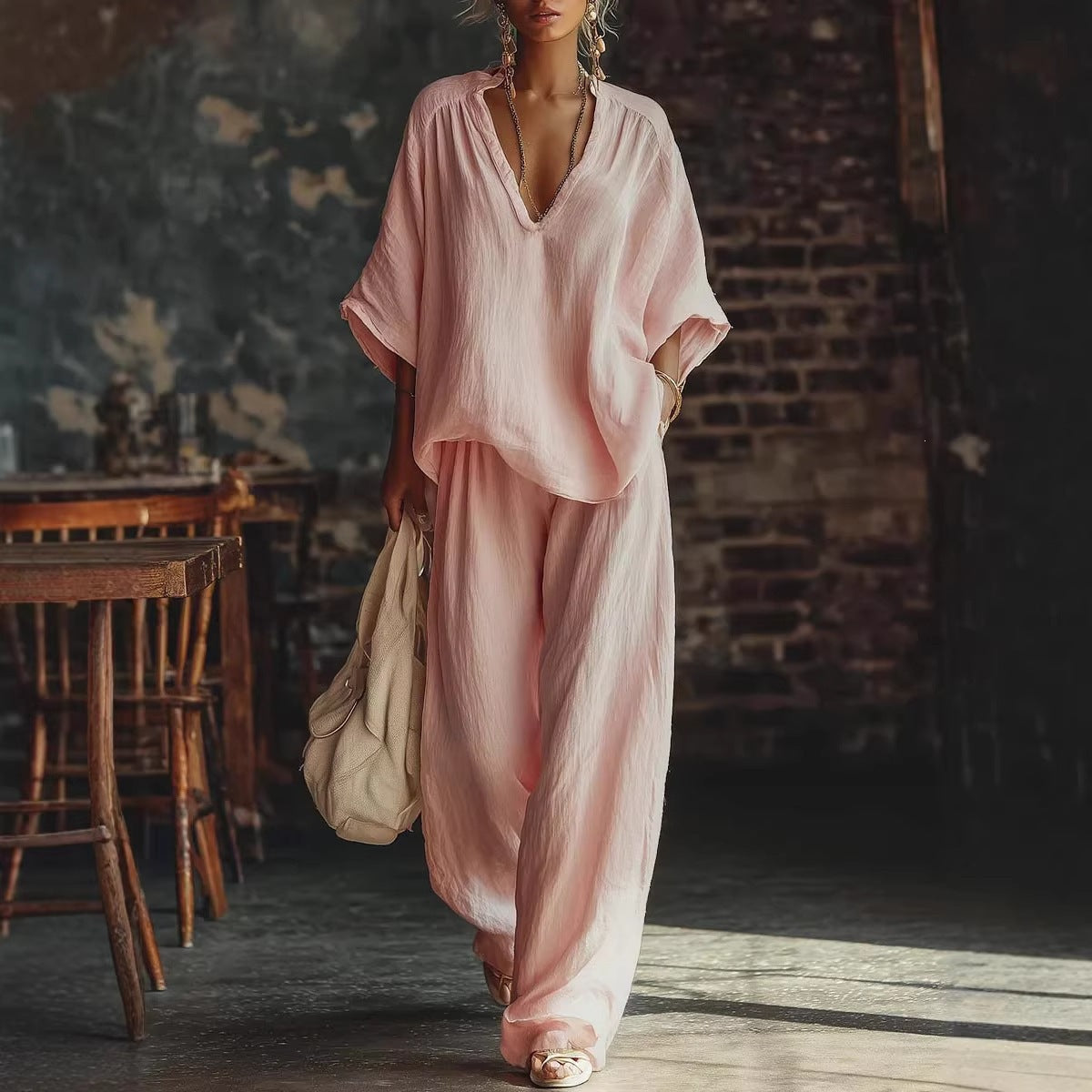 Womens V-neck Loose Short-Sleeve Casual Pants Two-Piece Set 
