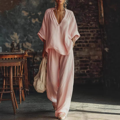 Womens V-neck Loose Short-Sleeve Casual Pants Two-Piece Set 