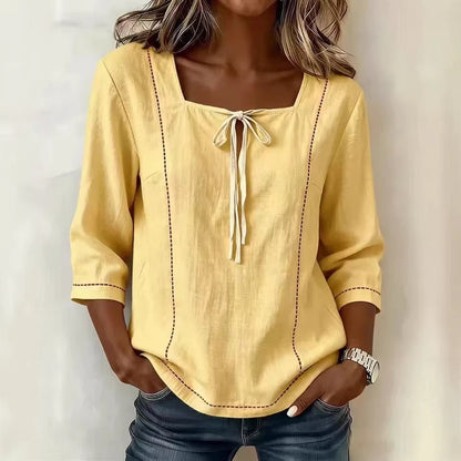 Printed Lace-Up Square-Neck Shirt – Three-Quarter Sleeve, Ramie