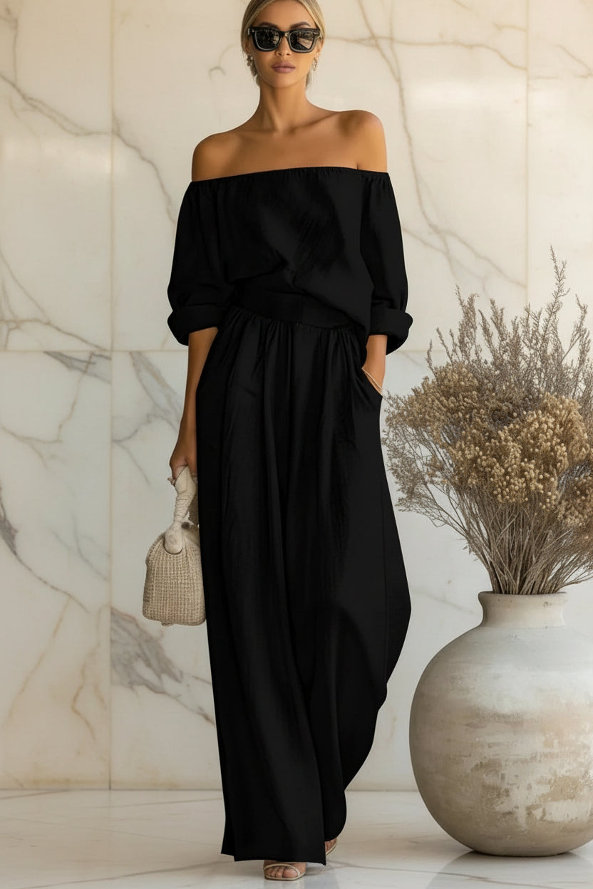 Casual Two-Piece Womens Outfit Off-Shoulder Top And Wide-Leg Pants Set 