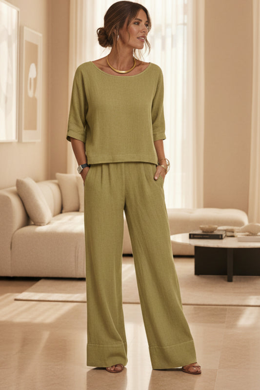 Women's Resort Two-Piece Set – Short Sleeve Top & Wide-Leg Pants