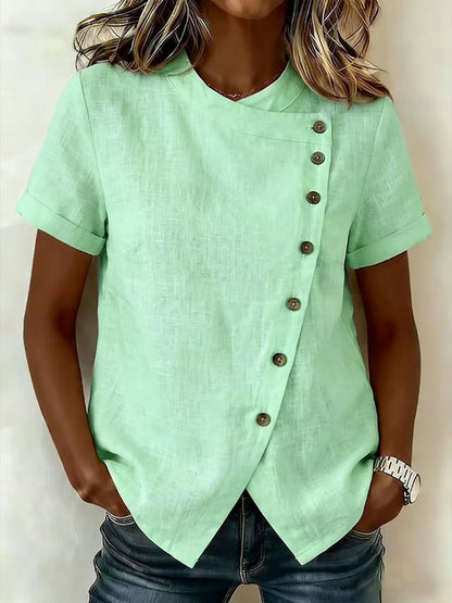Women's Cross-Neckline Asymmetrical Hem Cotton Linen Top – Loose Fit
