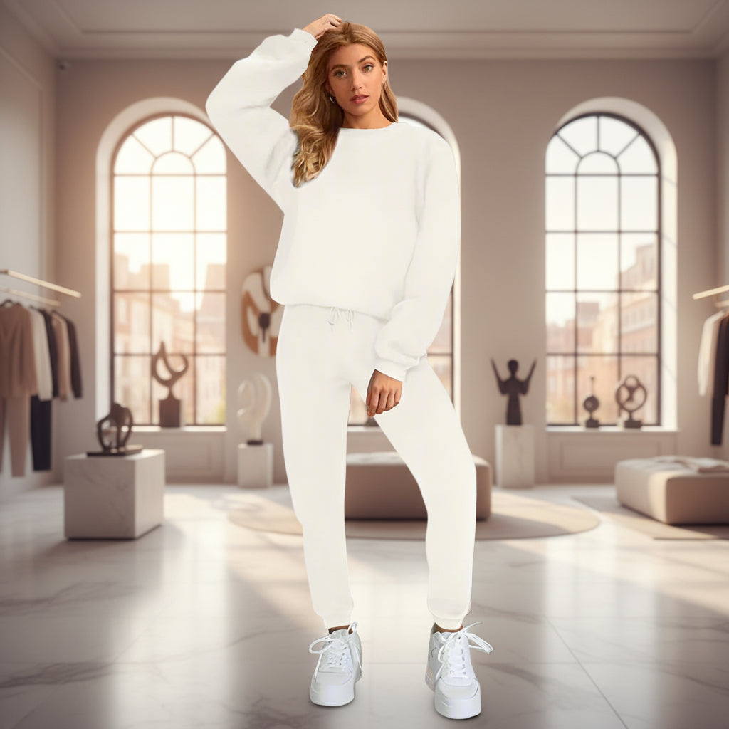 👚 Women's Solid Color Round Neck Pullover Sweatshirt & Pants Set FitiqueFit