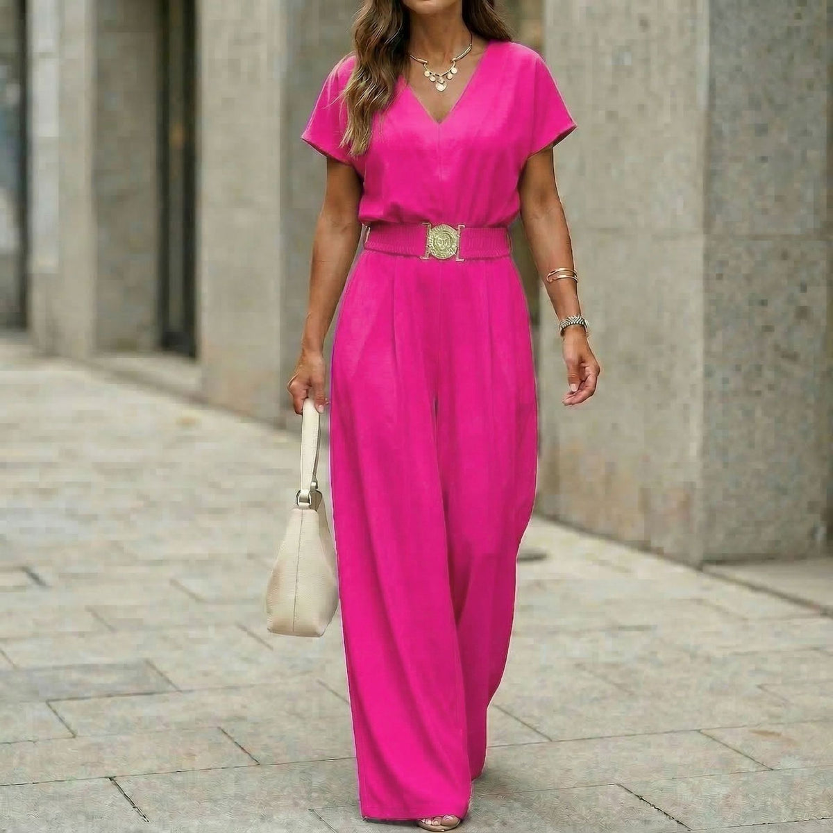 Womens V-neck Solid-color Short-sleeve Long-pants Belted Jumpsuit 