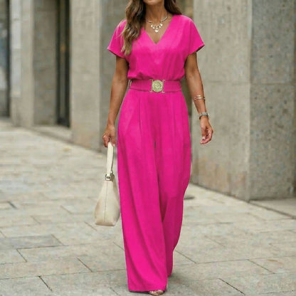 Womens V-neck Solid-color Short-sleeve Long-pants Belted Jumpsuit 