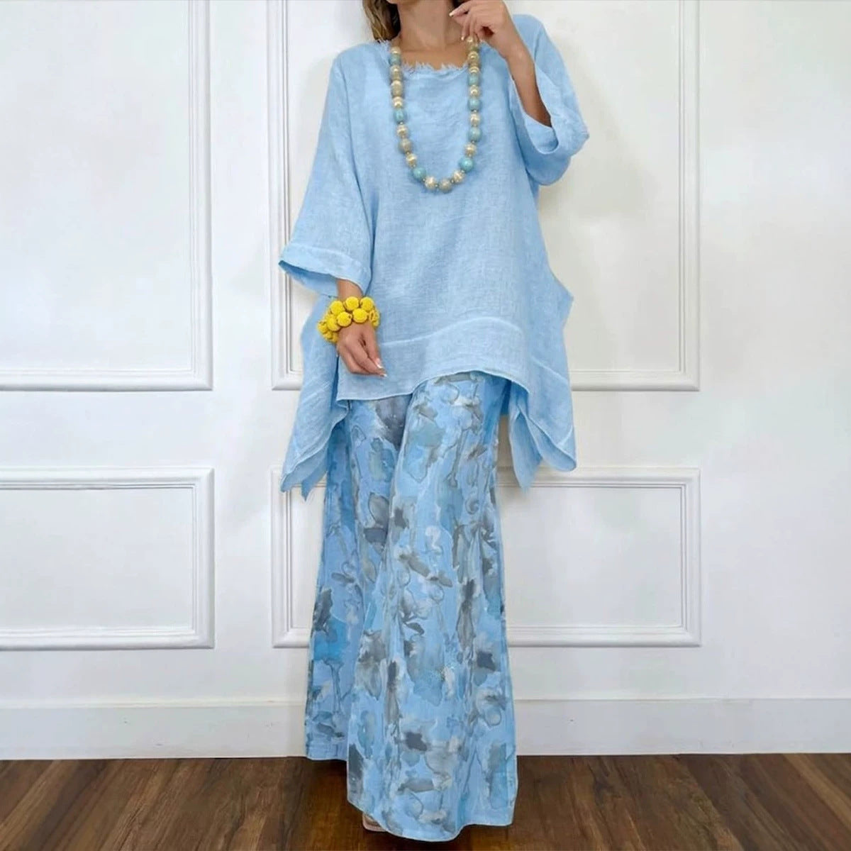Irregular Hem Drop-Shoulder Top & Wide-Leg Pants Set