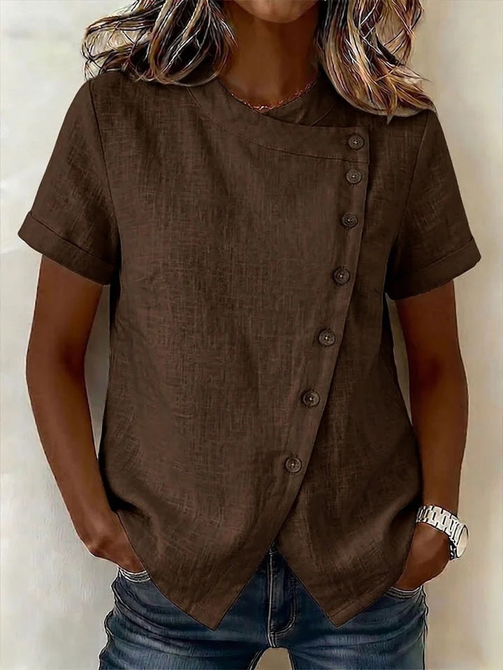 Women's Cross-Neckline Asymmetrical Hem Cotton Linen Top – Loose Fit