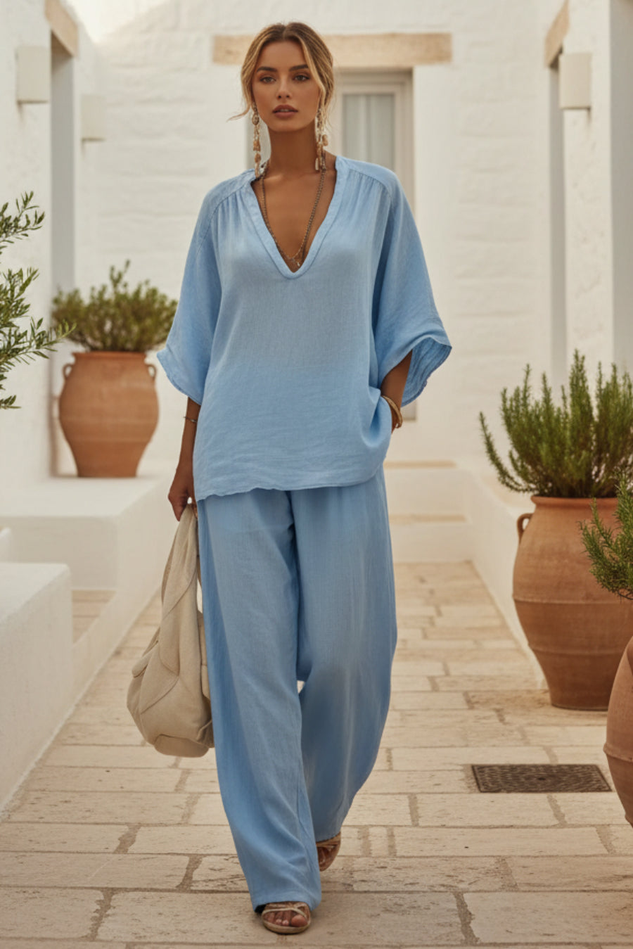 Womens V-neck Loose Short-Sleeve Casual Pants Two-Piece Set 