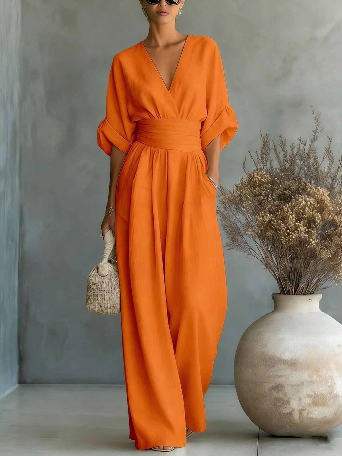 Summer Short-sleeved Jumpsuit Fashion Casual V-Neck Wide-Leg Pants Womens Clothing 
