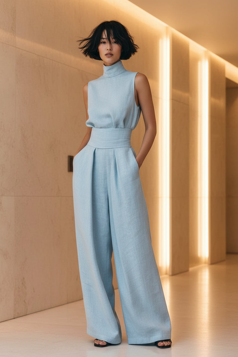Womens Cotton-Linen Blend Sleeveless Top And Wide-Leg Pants Set 