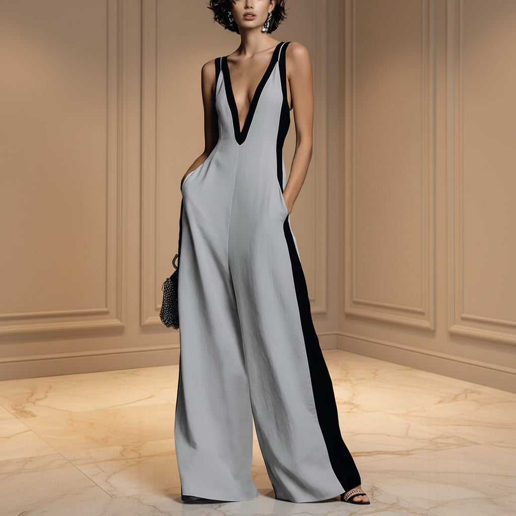 Sleeveless Womens V-Neck Contrasting Color Wide-Leg Jumpsuit 