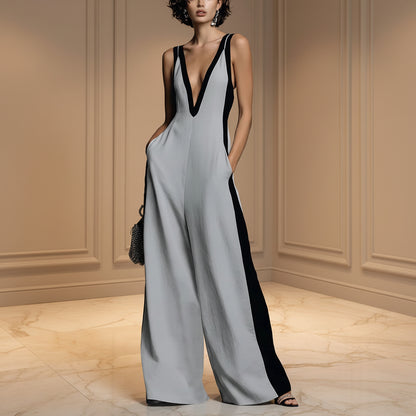 Sleeveless Womens V-Neck Contrasting Color Wide-Leg Jumpsuit 