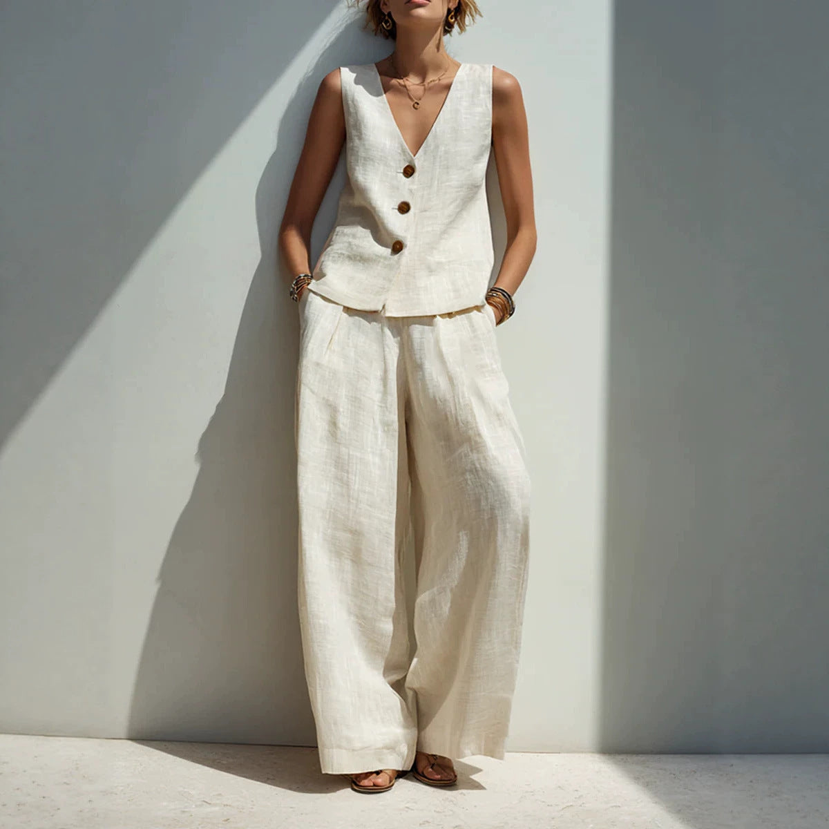 Linen Blend V-Neck Buttoned Vest & High-Waist Wide-Leg Pants Set