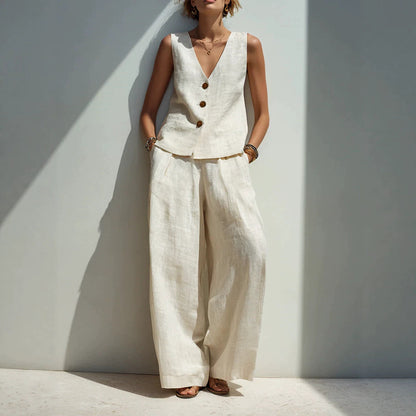 Linen Blend V-Neck Buttoned Vest & High-Waist Wide-Leg Pants Set