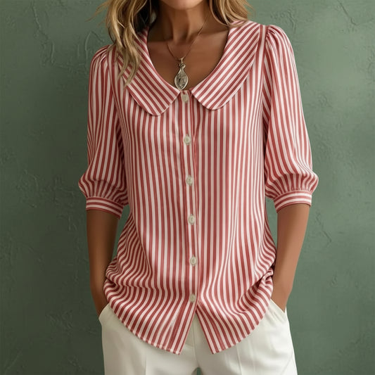 Women's Striped V-Neck Three-Quarter Sleeve Top – Casual Knit Shirt