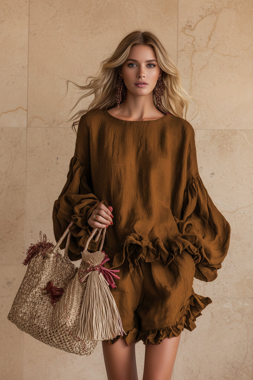 Loose-fitting Lantern-Sleeve Top And Shorts Two-Piece Set For Women 
