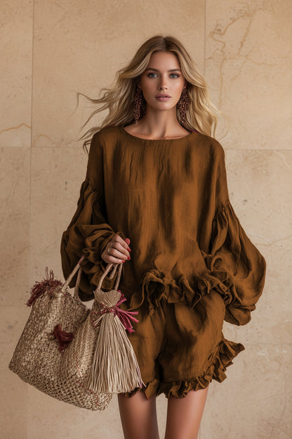 Loose-fitting Lantern-Sleeve Top And Shorts Two-Piece Set For Women 
