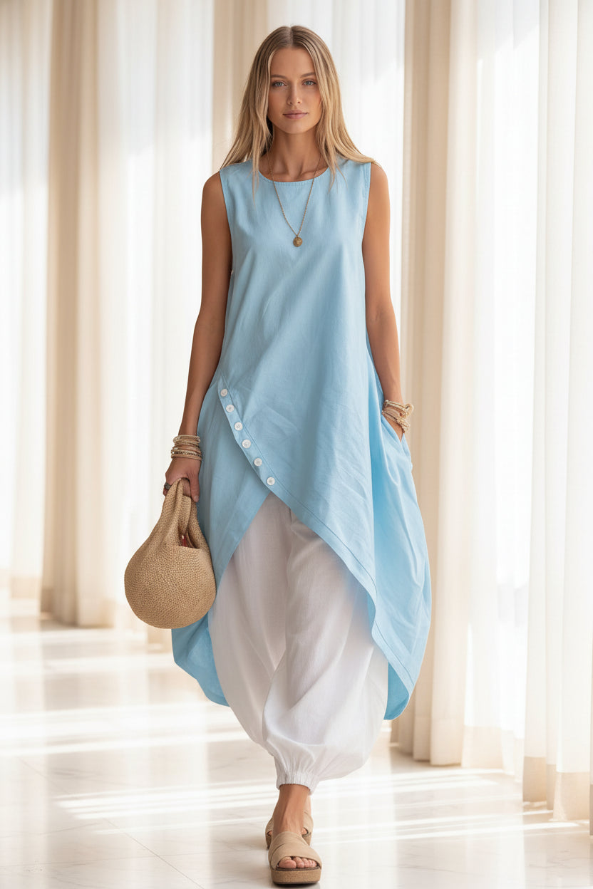 Solid-color Sleeveless Loose-fit Dress With Patch Pockets 