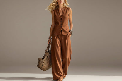 Women's Solid Linen Sleeveless Tank Top & Full-Length Pants Set