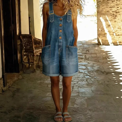 Women’s High-Waisted Sleeveless Denim Shorts Jumpsuit